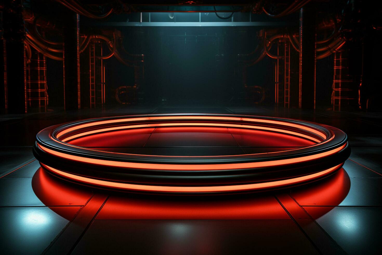 Ai Generated photo red light round podium and black background for mock up realistic image