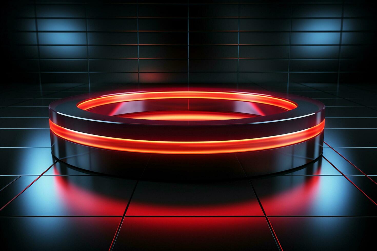 Ai Generated photo red light round podium and black background for mock up realistic image