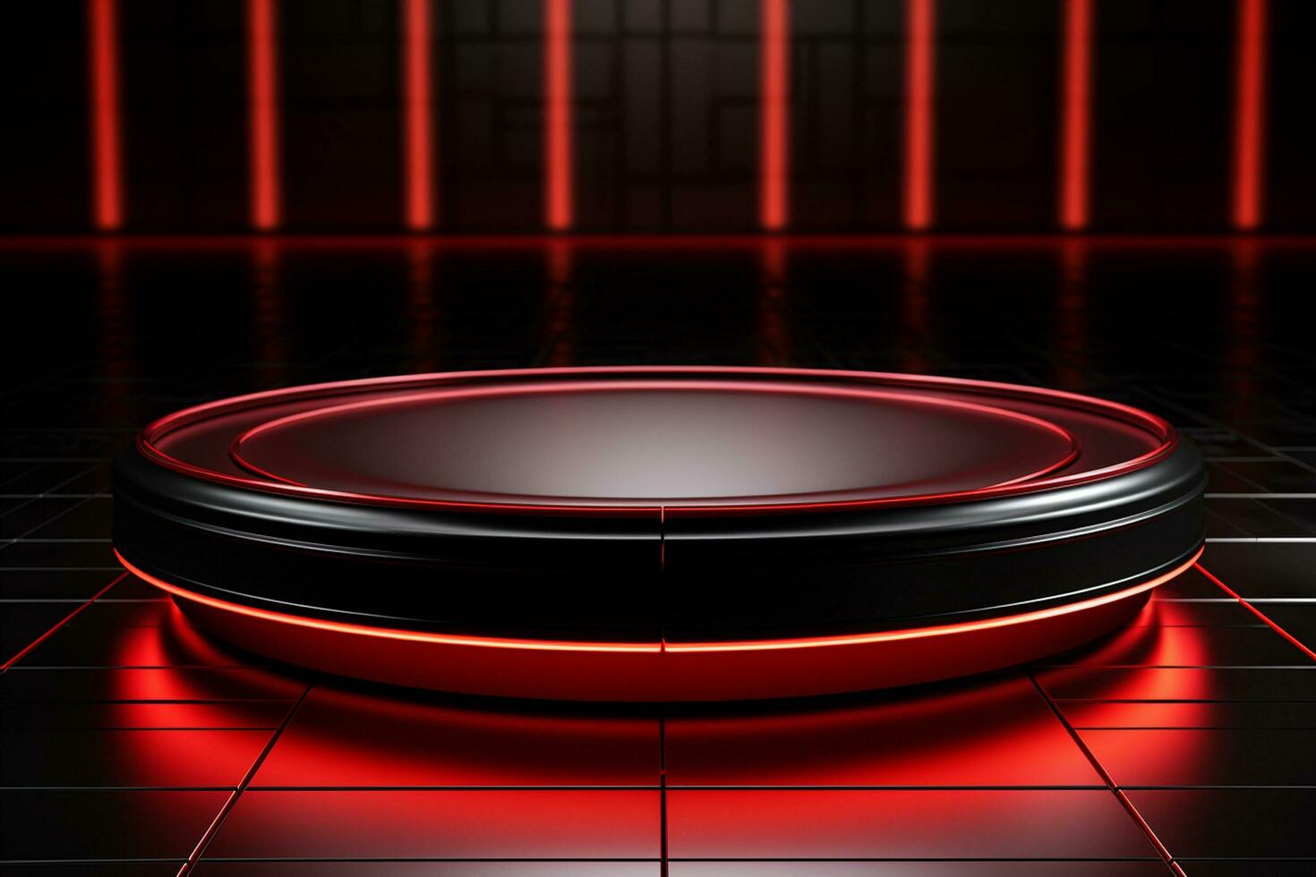 Ai Generated photo red light round podium and black background for mock up realistic image