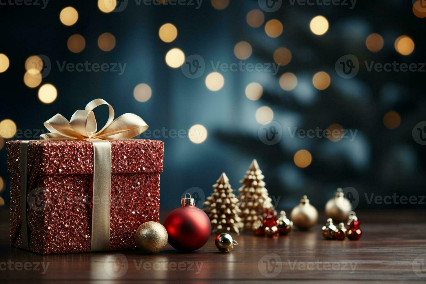 Ai Generative Background of christmas tree and red gift box on a christmas empty background with copy space photo