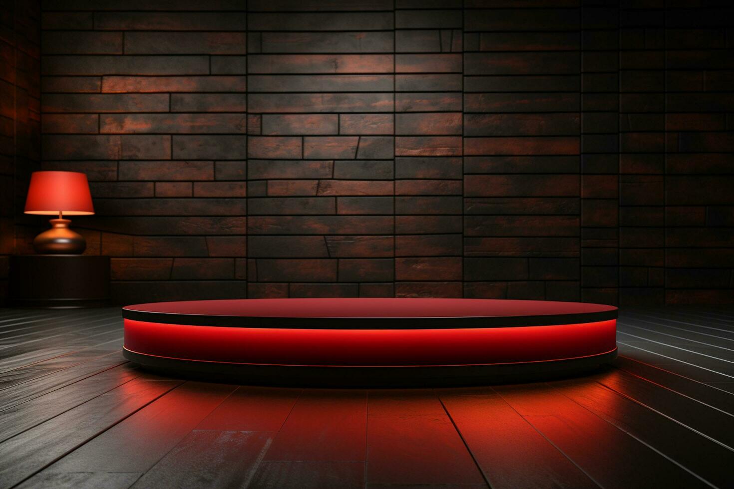 Ai Generated photo red light round podium and black background for mock up realistic image