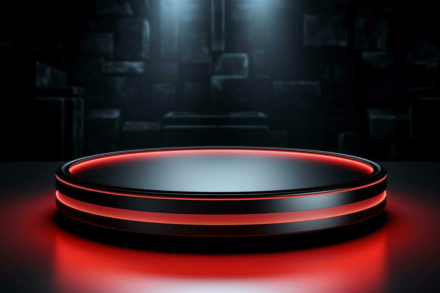 Ai Generated photo red light round podium and black background for mock up realistic image
