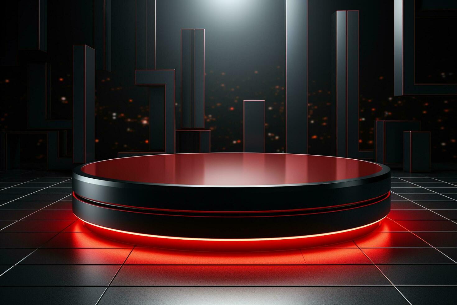 Ai Generated photo red light round podium and black background for mock up realistic image