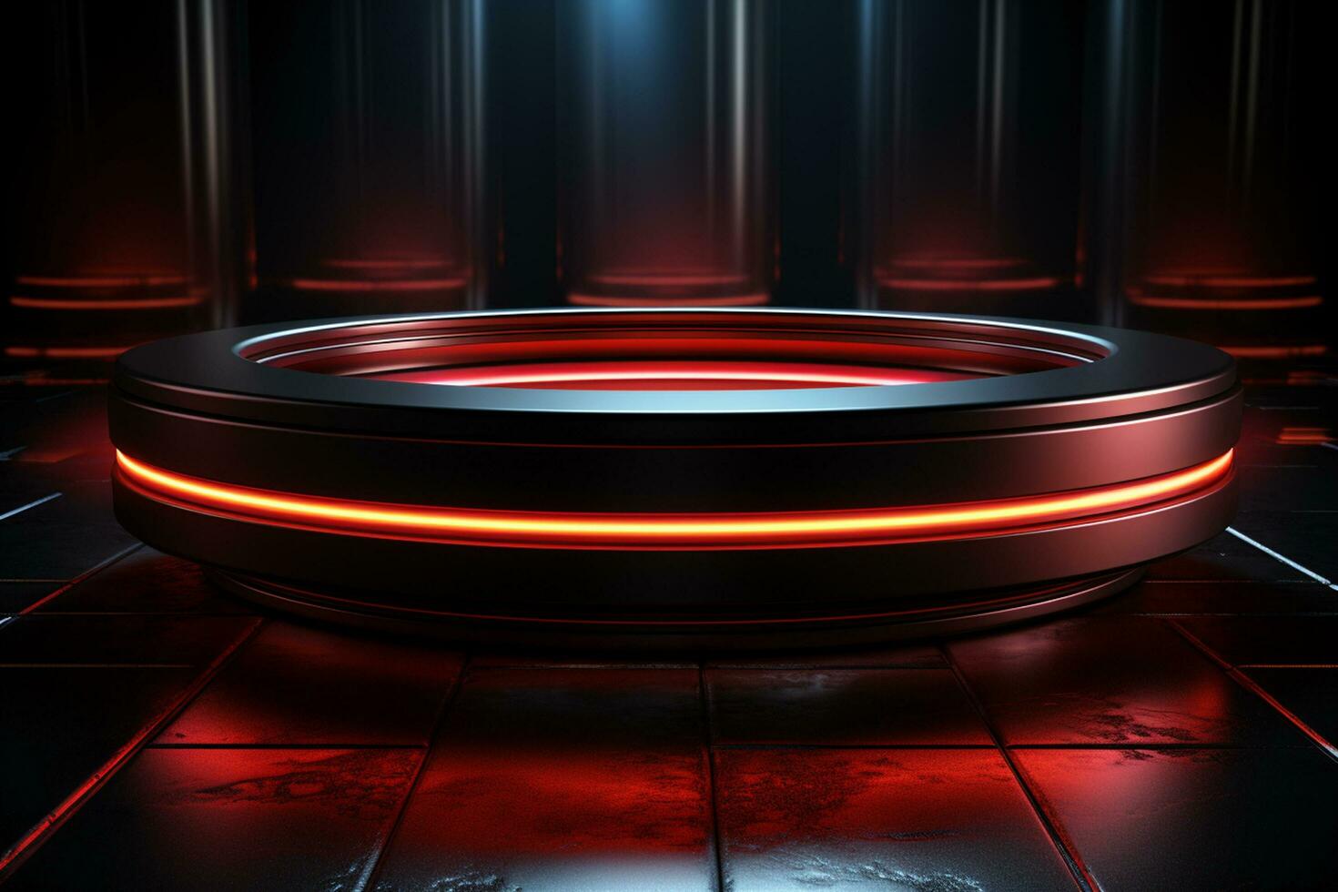 Ai Generated photo red light round podium and black background for mock up realistic image