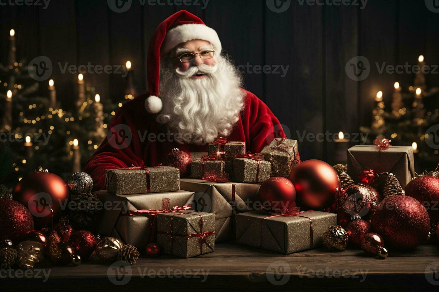 ai generativo Navidad bandera con Copiar espacio para texto, Papa Noel claus celebrar con cajas de regalo, abeto árbol ramas y rojo adornos, oscuro color antecedentes foto