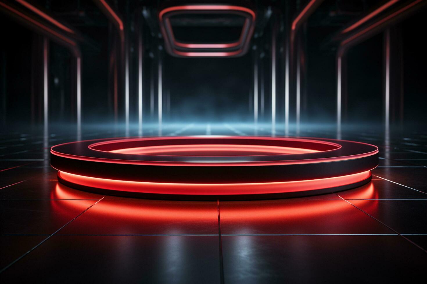 Ai Generated photo red light round podium and black background for mock up realistic image