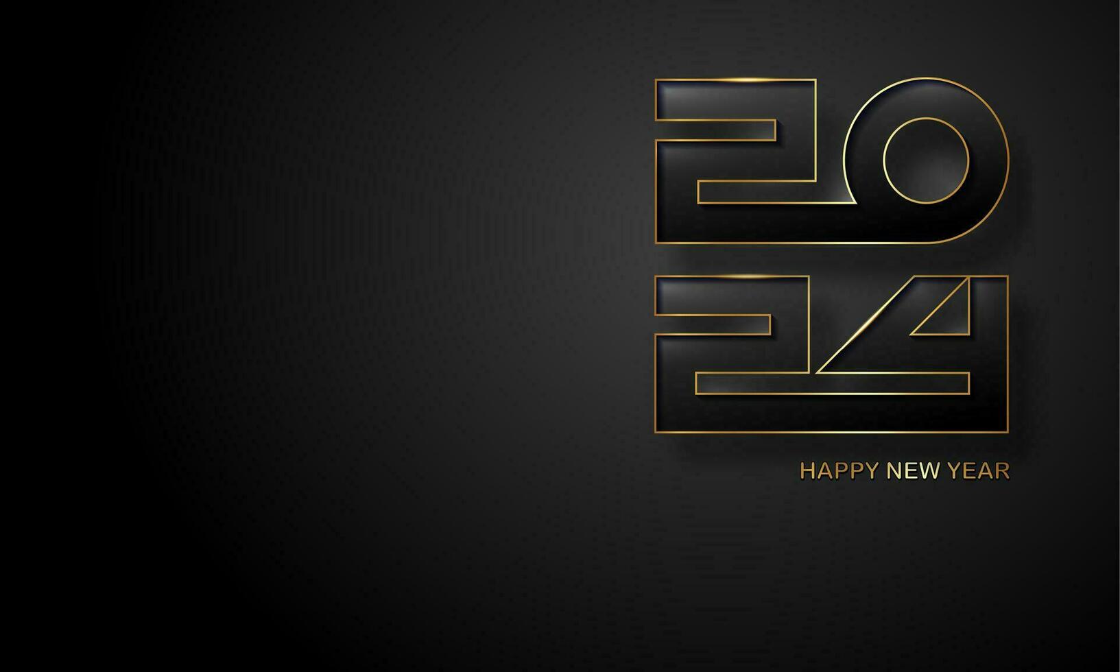 New year 2024 gold and black numbers. Decorative greeting card 2024 happy new year. Luxury Creative Christmas banner, vector illustration isolated on dark background