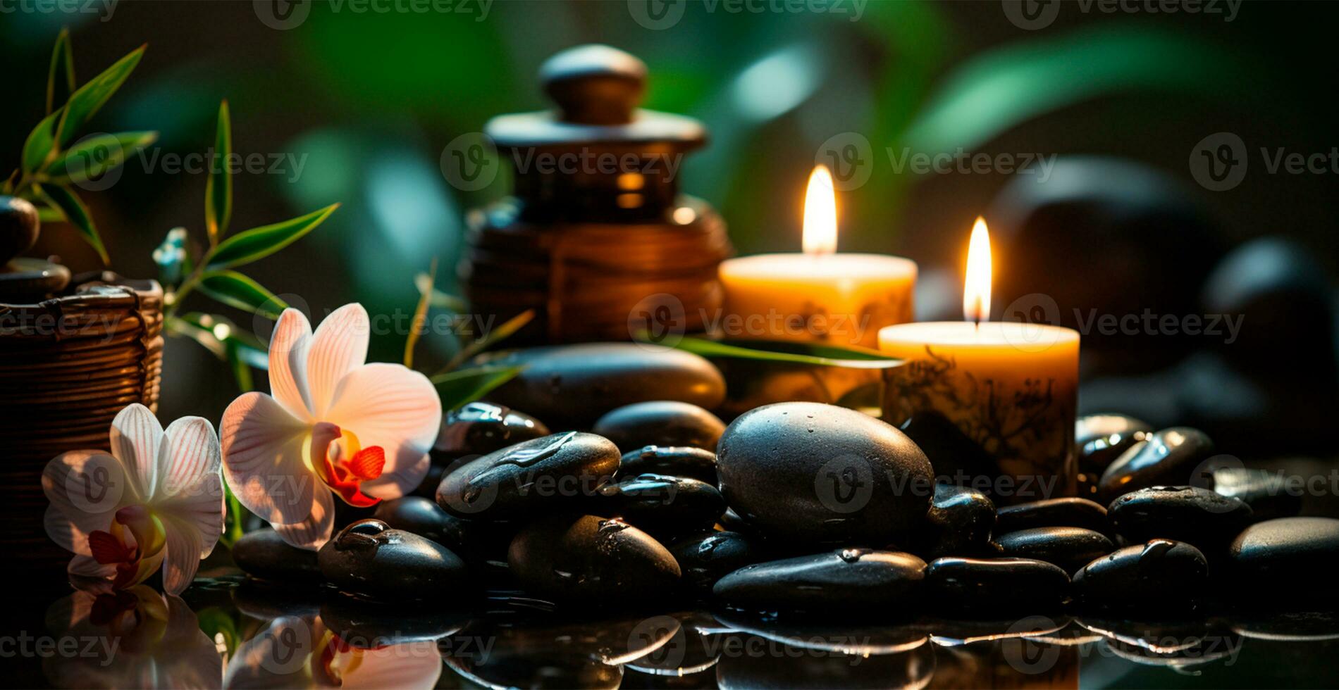 Wellness decoration, spa massage, oil on stone background. Zen, relaxation concept - AI generated image photo