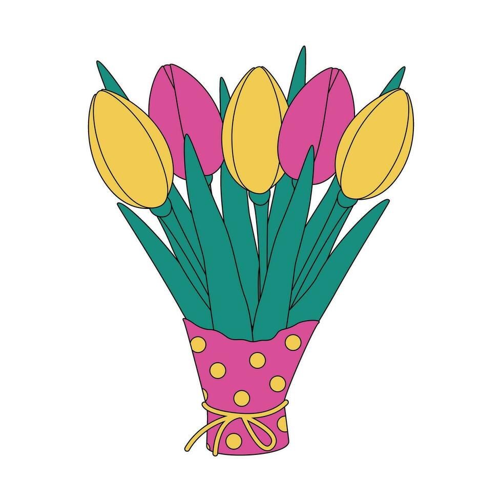 Spring colorful bouquet of tulips in wrapping paper in trendy bright shades. Sticker. Icon. isolate vector