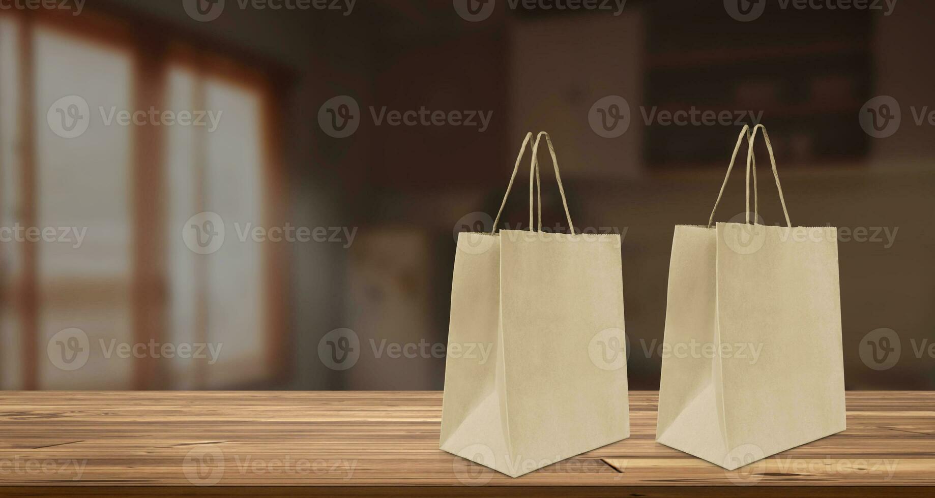 Product packaging paper bag mockup, empty paper bag on wooden table in home photo