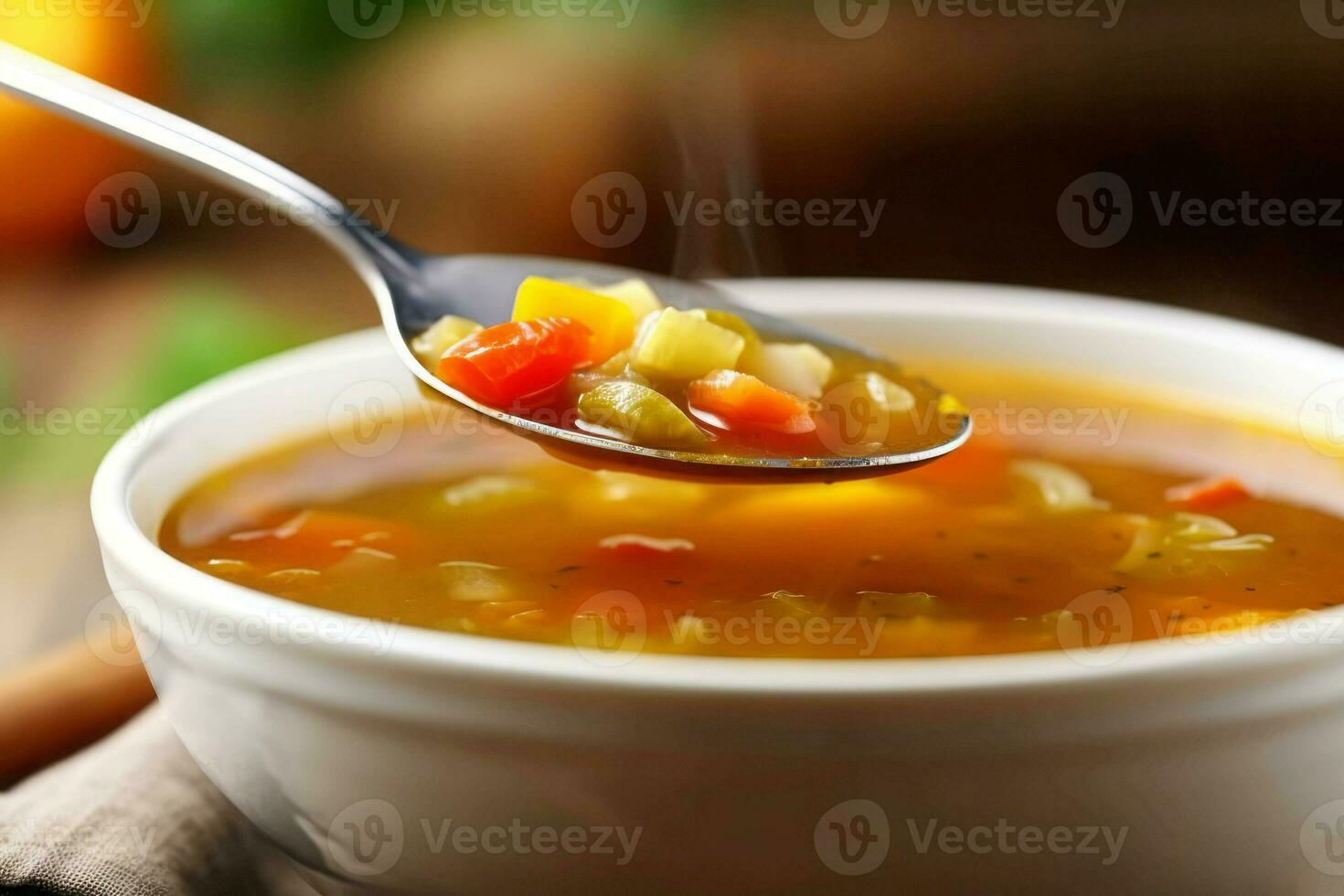 Fresh homemade vegetable soup steel spoon. Generate Ai photo