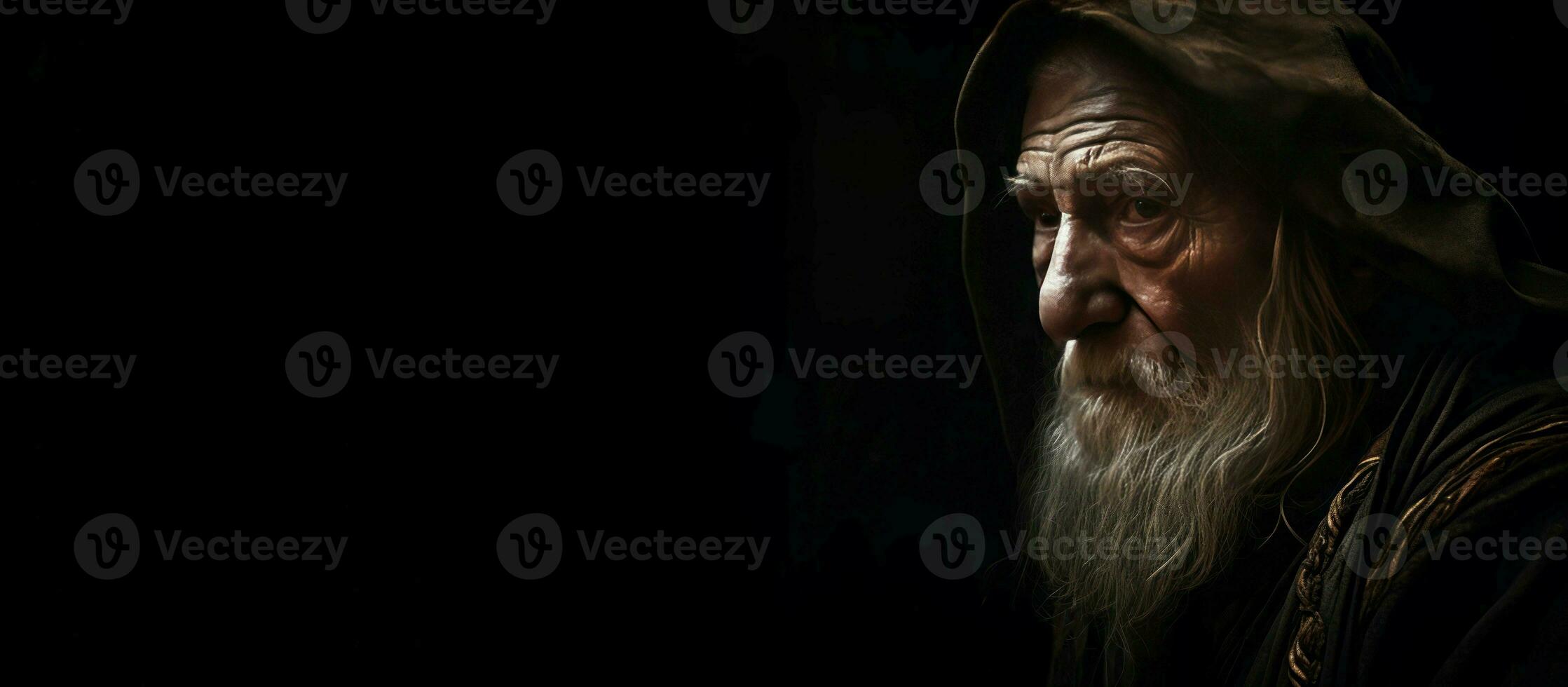 Medieval old male wizard portrait banner. Generate ai photo