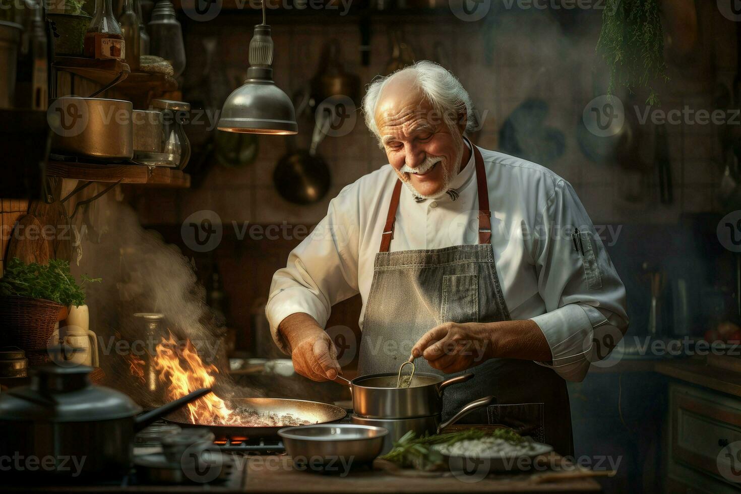 Cook old man vegan kitchen. Generate Ai photo