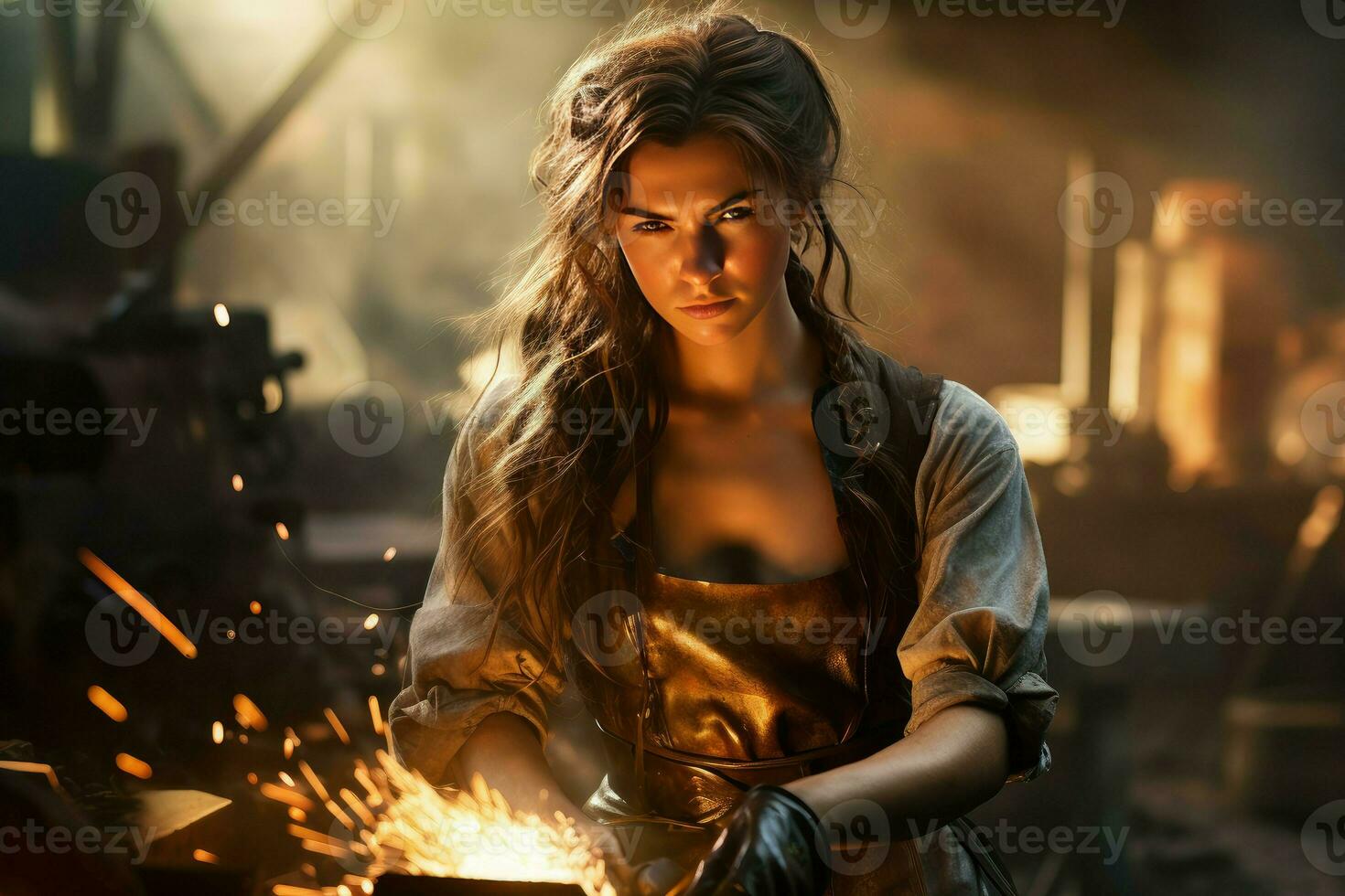 Sturdy Blacksmith woman workshop forge. Generate Ai photo