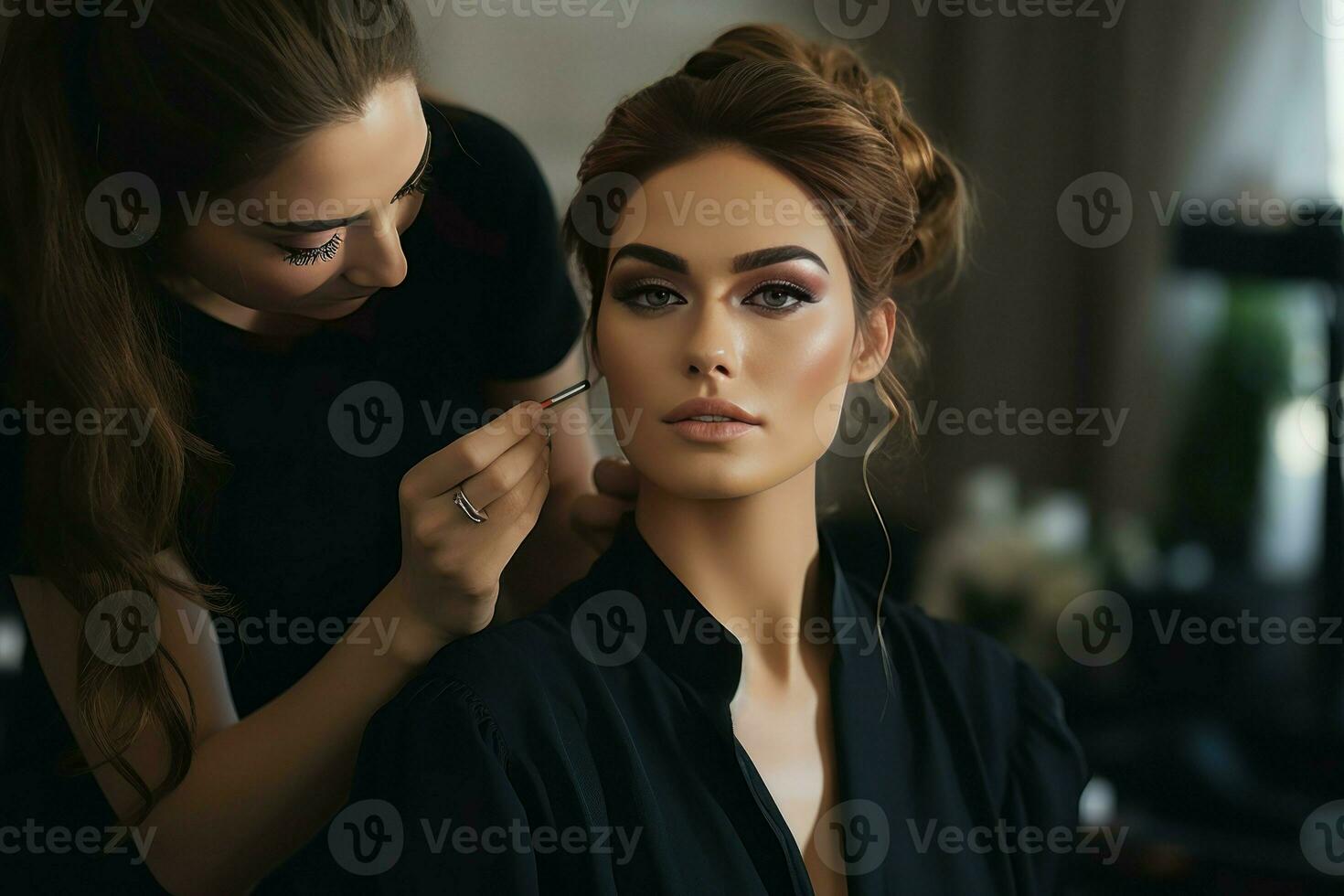 Professional makeup artist working with female client in studio. Generate ai photo