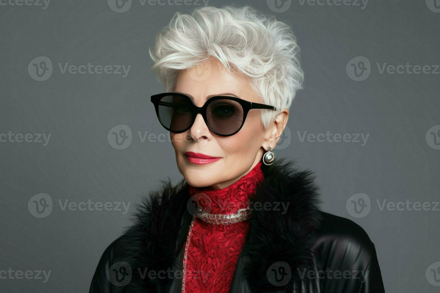 Portrait of glamorous senior woman isolated on grey background. Generate ai photo