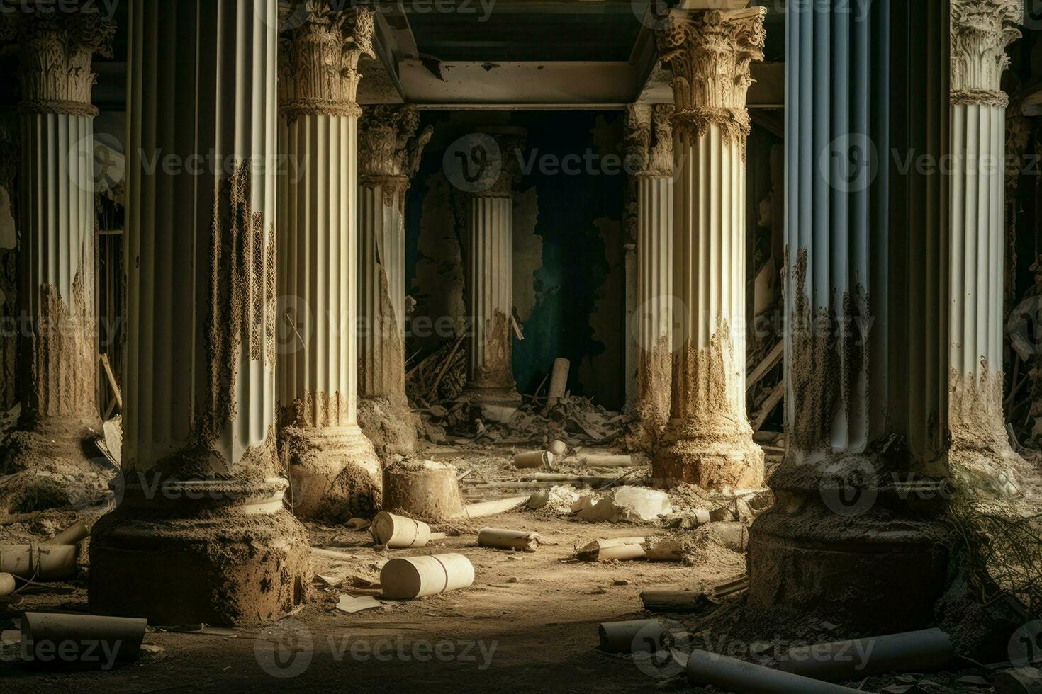 Majestic Antique columns abadoned. Generate Ai photo