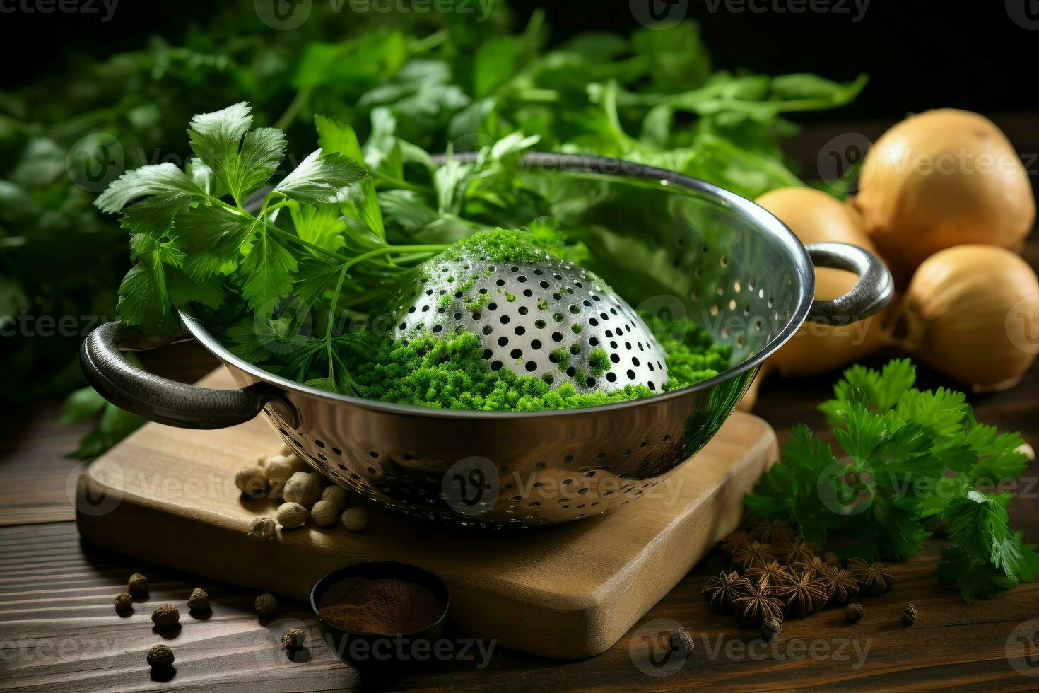 Colander with fresh parsley spices nature. Generate Ai photo