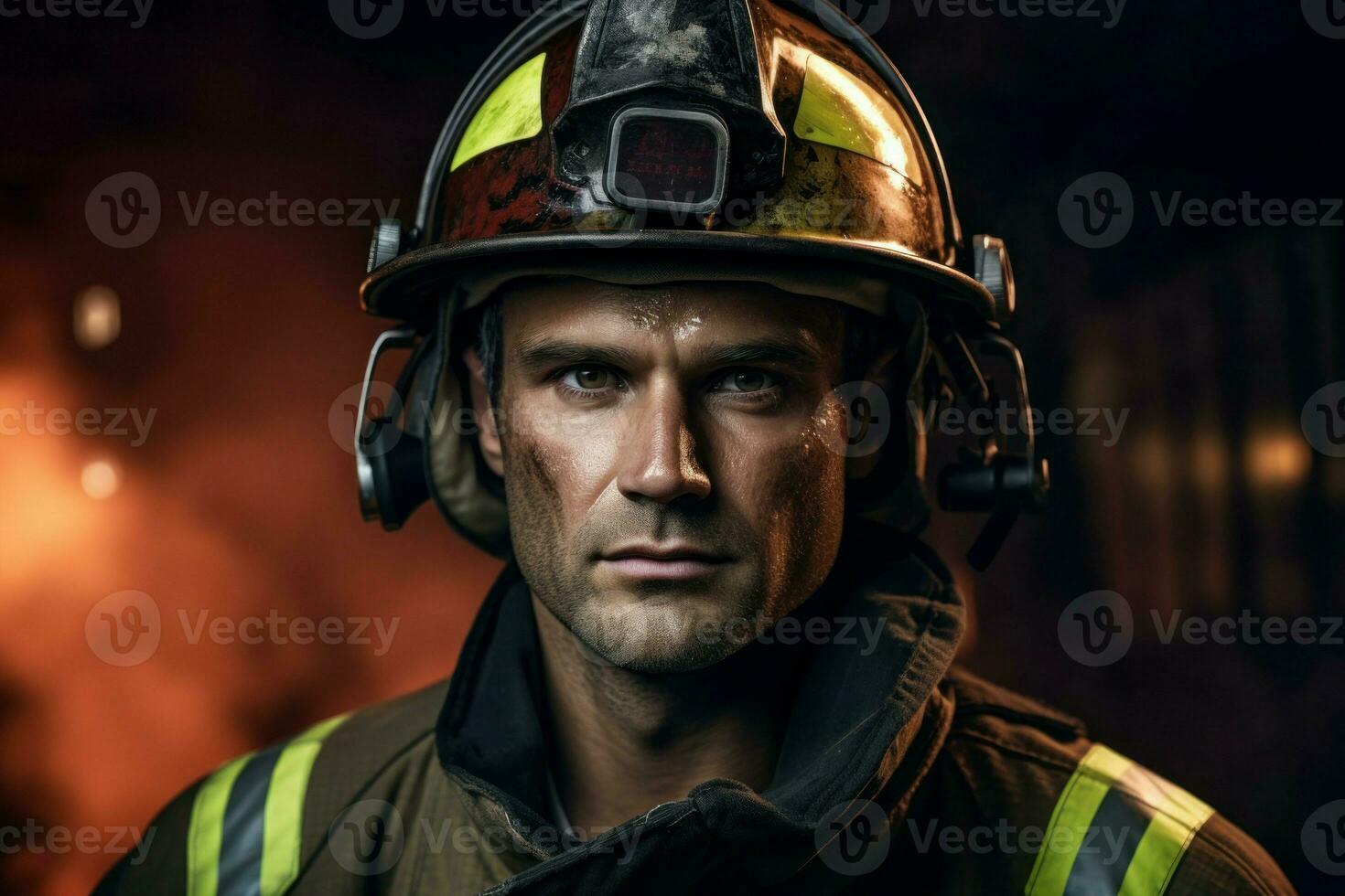 Sturdy Fireman with helmet. Generate Ai photo