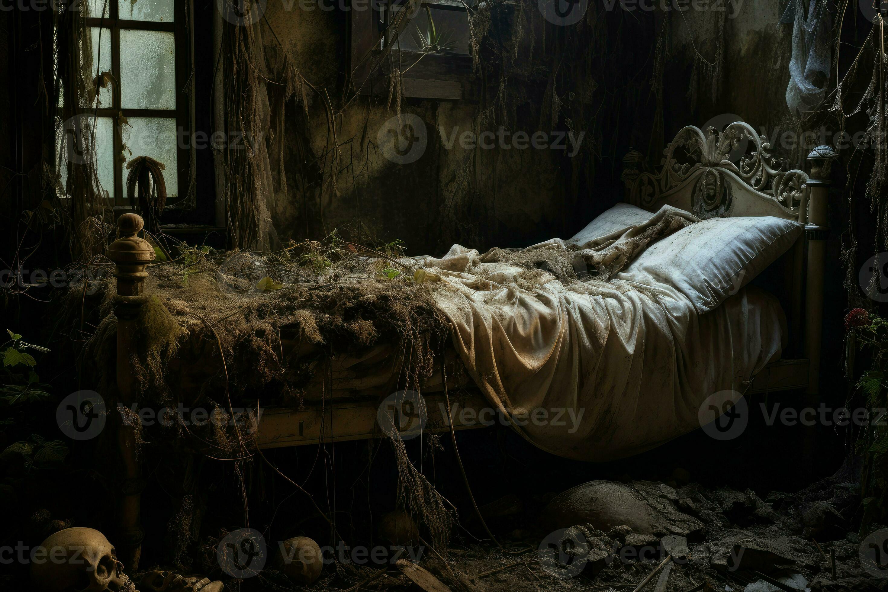 Bed rotting in old room house. Generate Ai 32697327 Stock Photo at Vecteezy