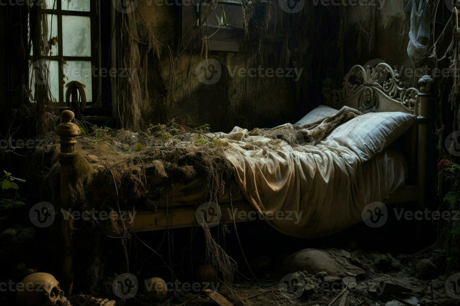 Bed rotting in old room house. Generate Ai photo