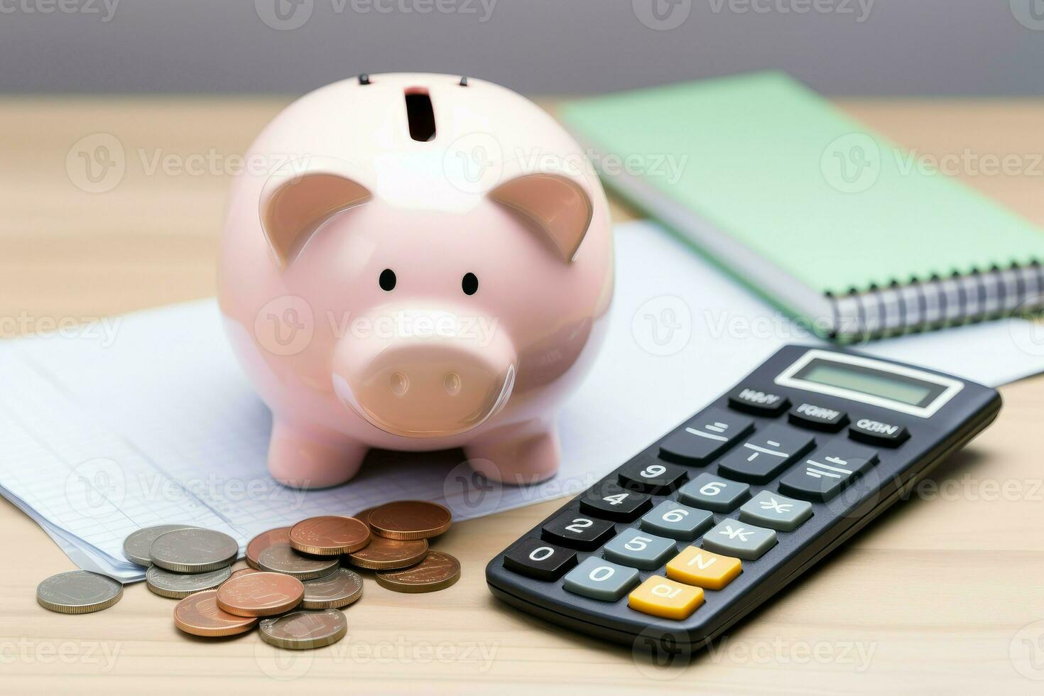Calculator piggy bank money notebooks on desk. Generate Ai photo