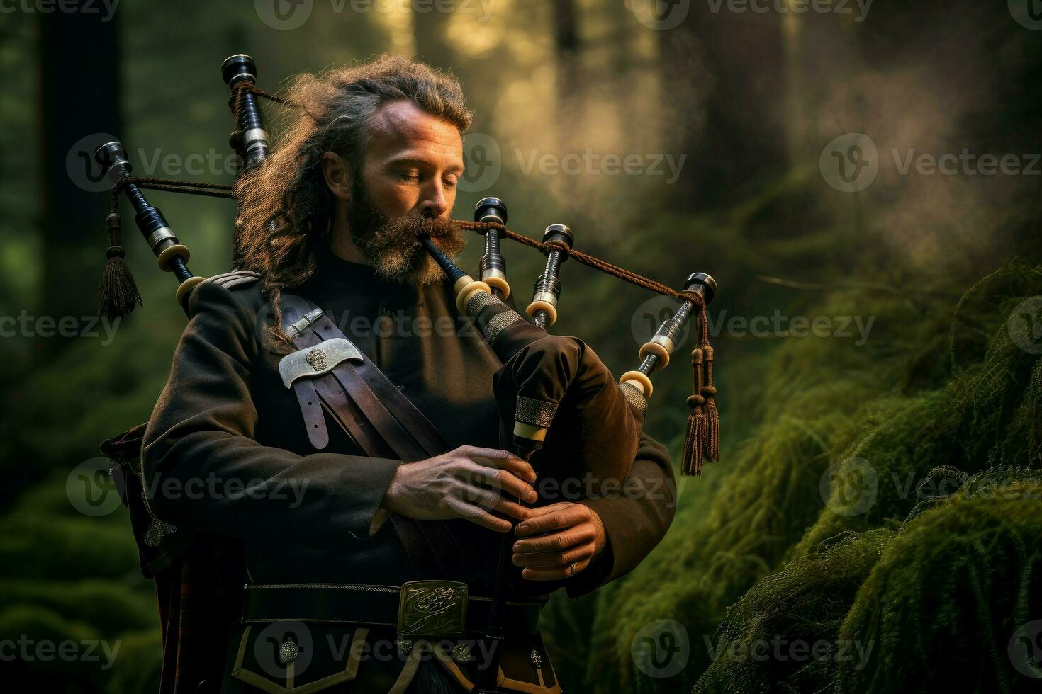 Bagpipe music man portrait outdoor. Generate Ai photo