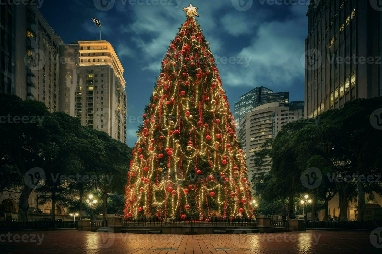 Christmas tree lighting at night street. Generate Ai photo