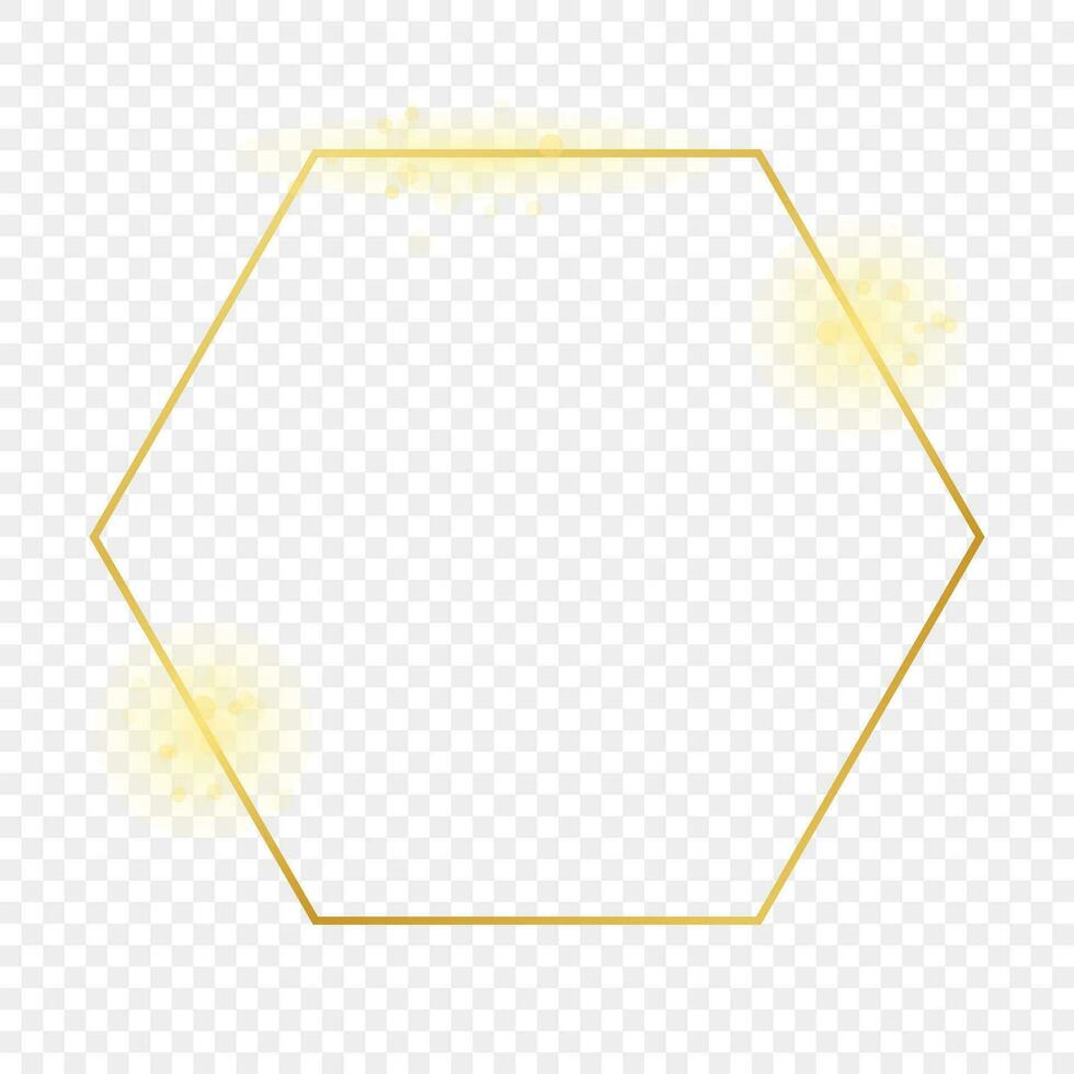 Gold glowing hexagon frame isolated on background. Shiny frame with glowing effects. Vector illustration.