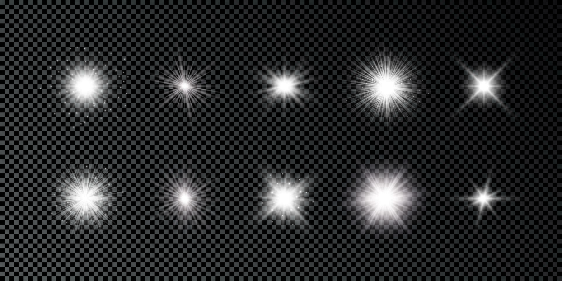 ligero efecto de lente bengalas conjunto de diez blanco brillante luces Starburst efectos con destellos en un oscuro antecedentes. vector ilustración