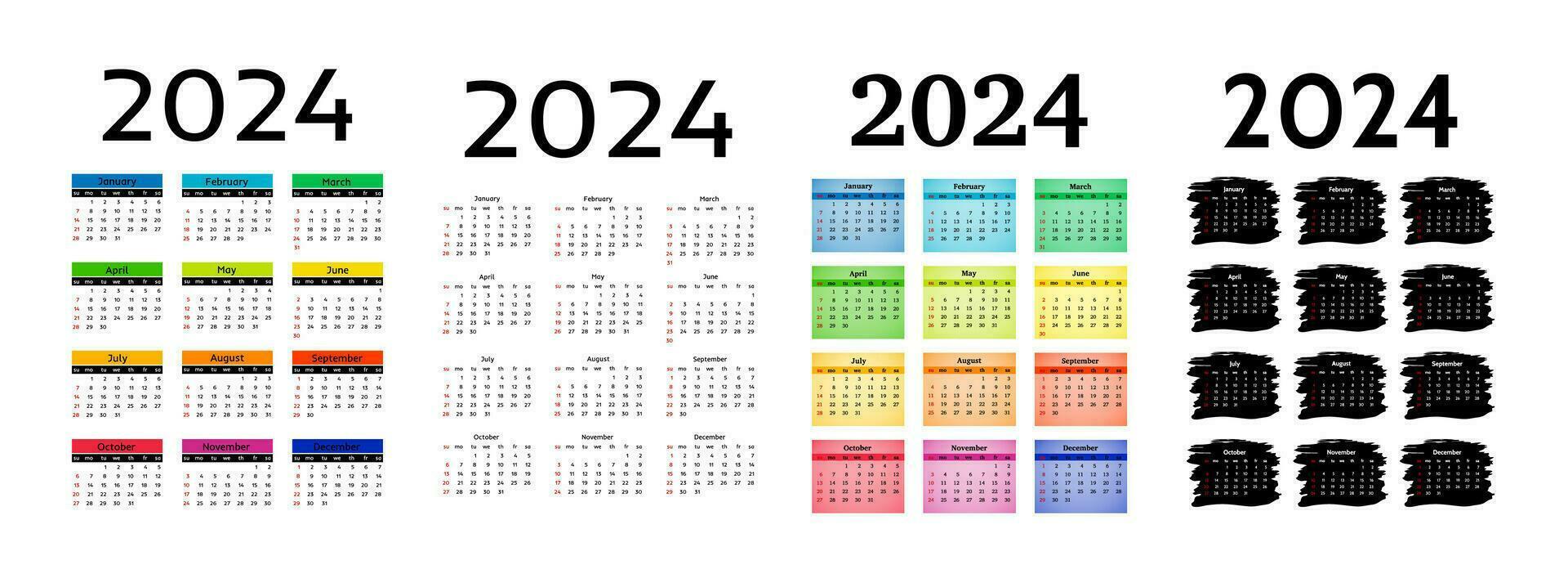 conjunto de cuatro vertical calendarios para 2024 aislado en un blanco antecedentes. domingo a lunes, negocio modelo. vector ilustración