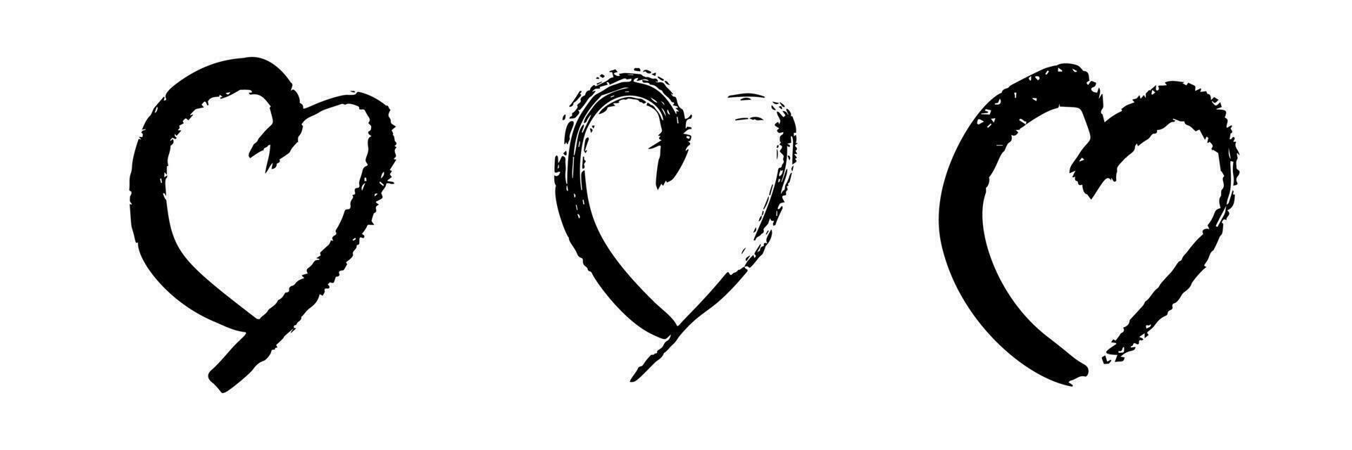 Hand drawn brush hearts. Set of three grunge black doodle hearts on white background. Romantic love symbol. Vector illustration.