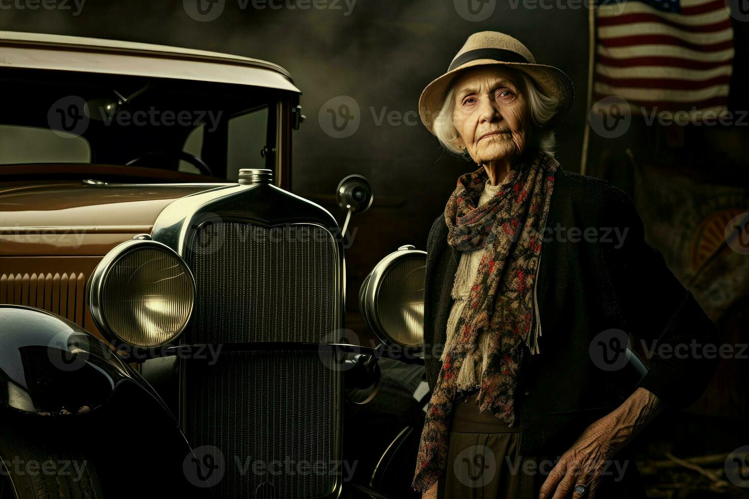 Gleaming American old woman car 1920 year. Generate Ai photo