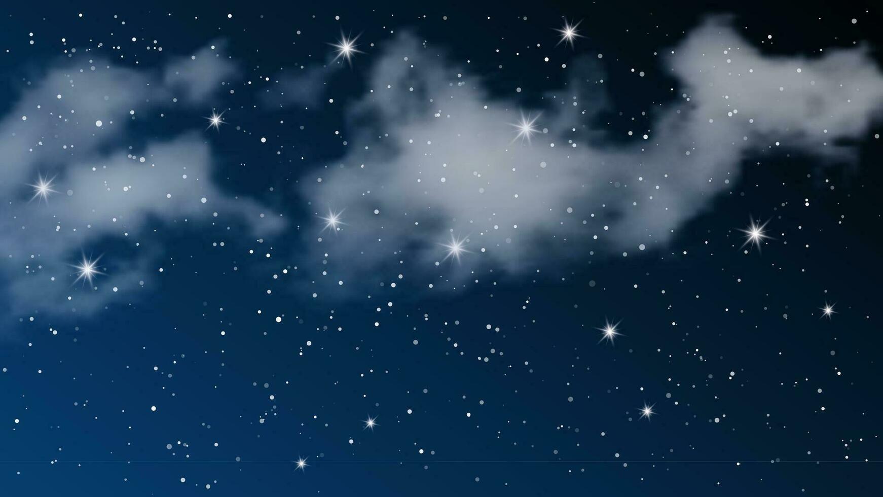 Night sky with clouds and many stars. Abstract nature background with stardust in deep universe. Vector illustration.