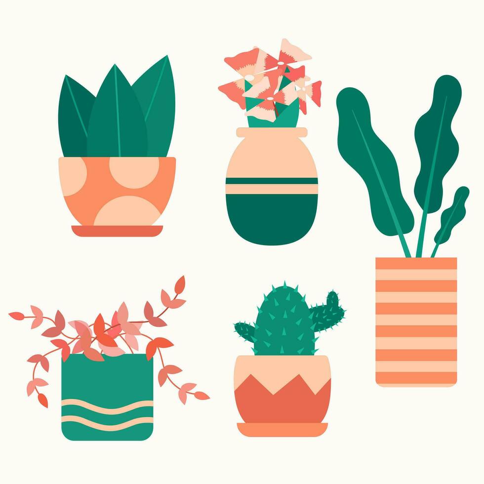 set of vector plants in pots, green and orange colors