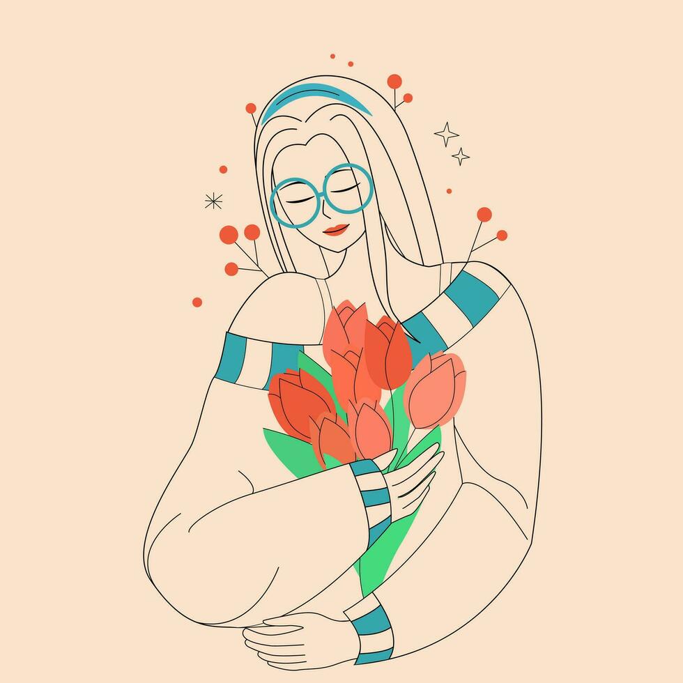 niña con un ramo de flores de tulipanes, minimalista ilustración, líneas, cuidados personales, ternura hacia uno mismo, vector