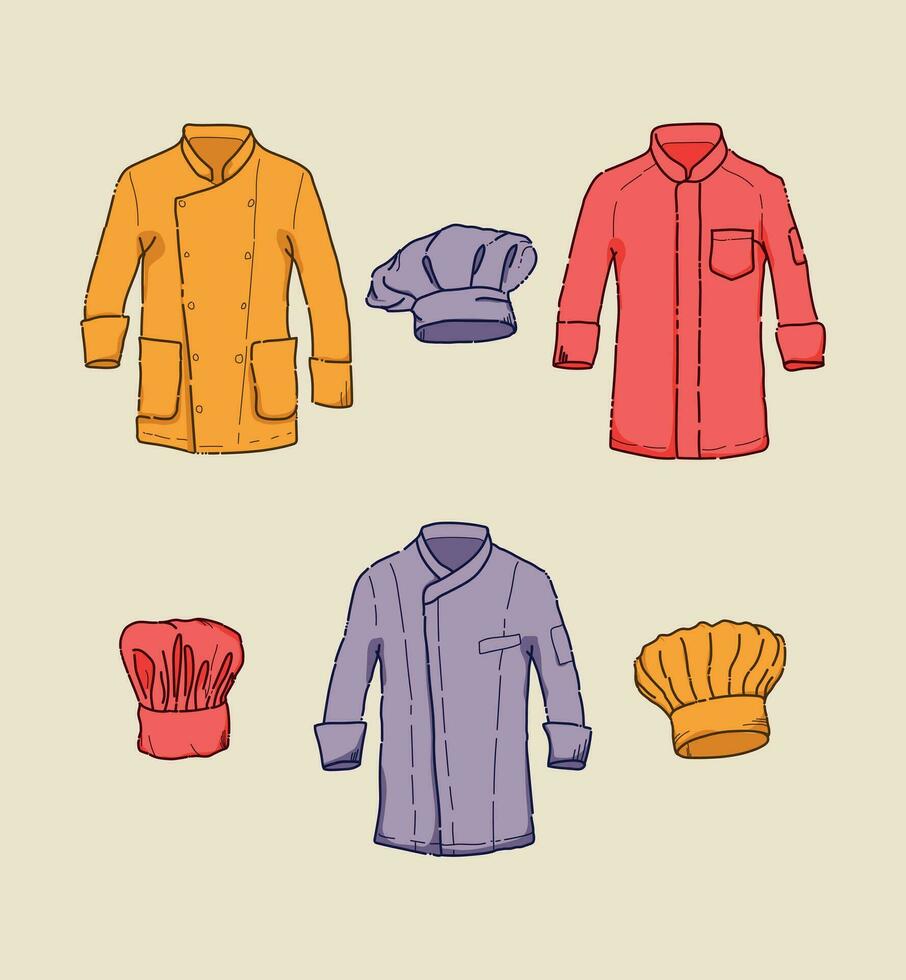 collection of handdrawn chef jacket and chef hat set vector