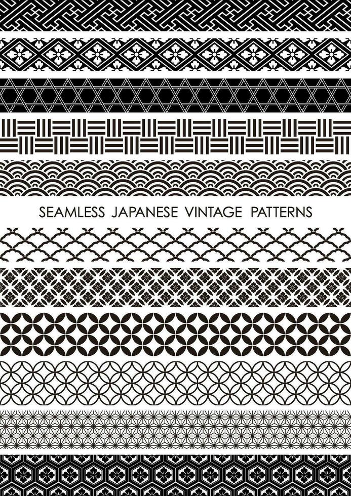 Set Of Vector Japanese Vintage Seamless Monochrome Borders. Horizontally And Vertically Repeatable.