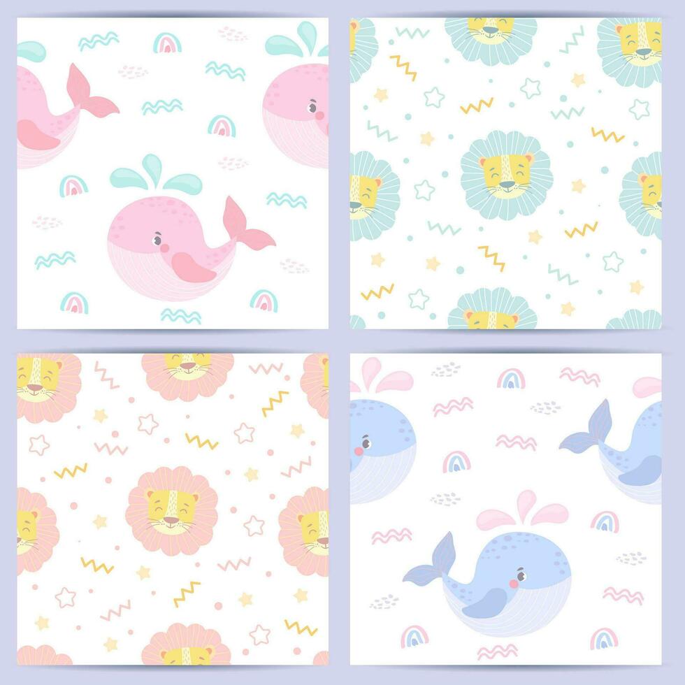funny seamless patterns for babies. funny animals in cartoon style for birthday decoration. vector illustration