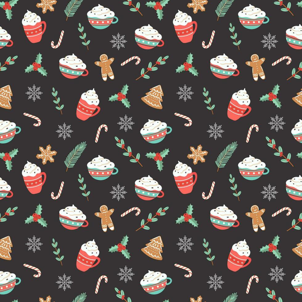 seamless christmas pattern template in cartoon style with christmas candies, gifts, holly leaves and bells. for wrapping paper, textile, themed decor vector