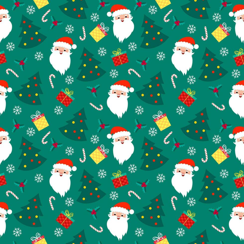 sin costura Navidad modelo modelo en dibujos animados estilo con Navidad dulces, regalos, acebo hojas y campanas para envase papel, textil, temática decoración vector