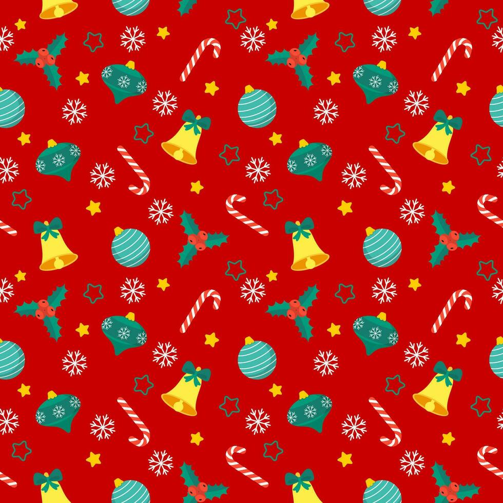 sin costura Navidad modelo modelo en dibujos animados estilo con Navidad dulces, regalos, acebo hojas y campanas para envase papel, textil, temática decoración vector