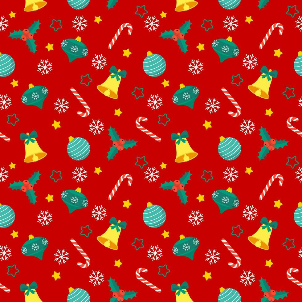 seamless christmas pattern template in cartoon style with christmas candies, gifts, holly leaves and bells. for wrapping paper, textile, themed decor vector