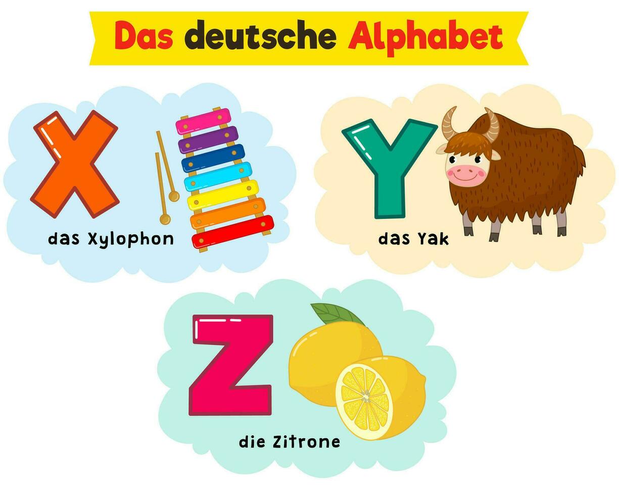 german alphabet. written in German yak, lemon, xylophone vector