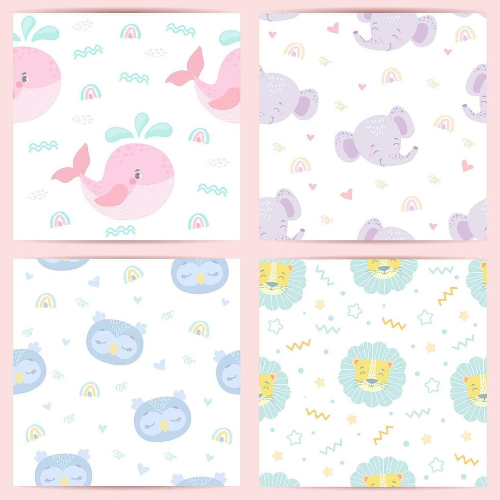 funny seamless patterns for babies. funny animals in cartoon style for birthday decoration. vector illustration