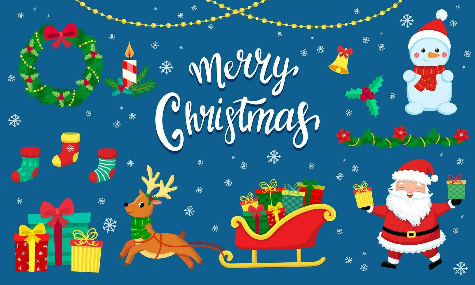 template for congratulations on christmas and new year in cartoon style. funny santa claus and items vector