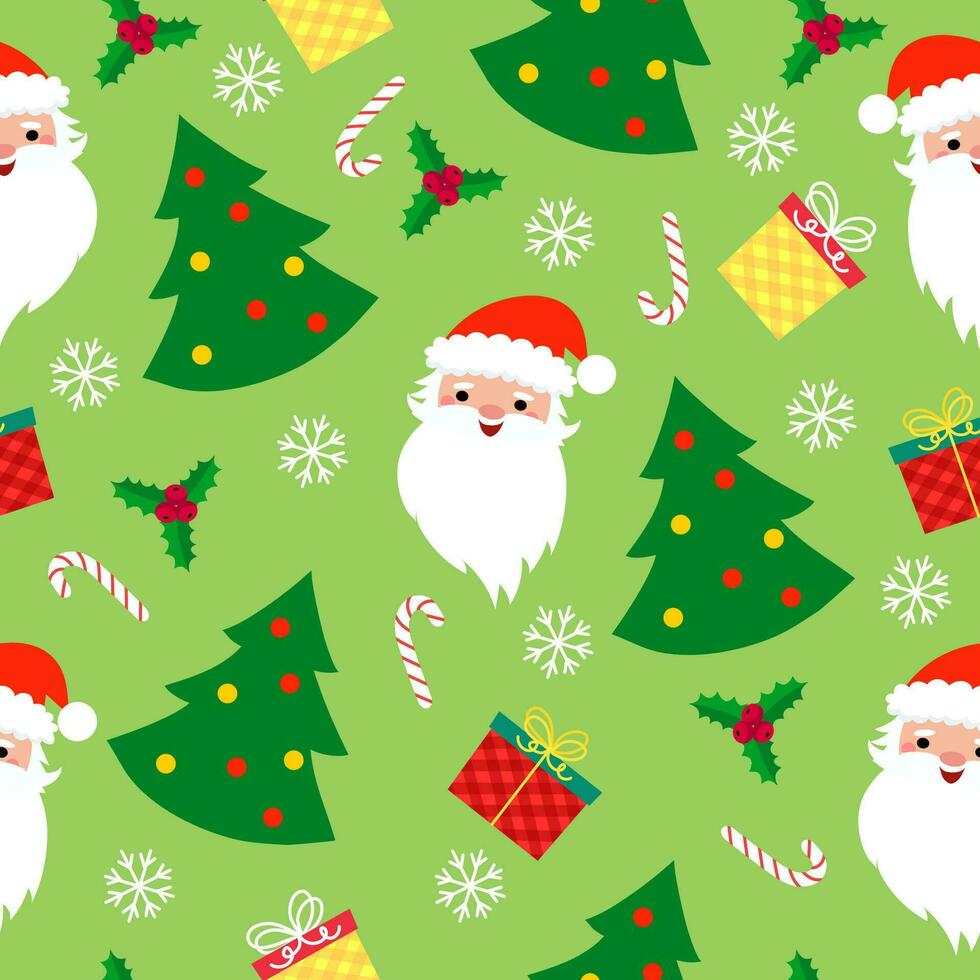 seamless christmas pattern template in cartoon style with christmas candies, gifts, holly leaves and bells. for wrapping paper, textile, themed decor vector
