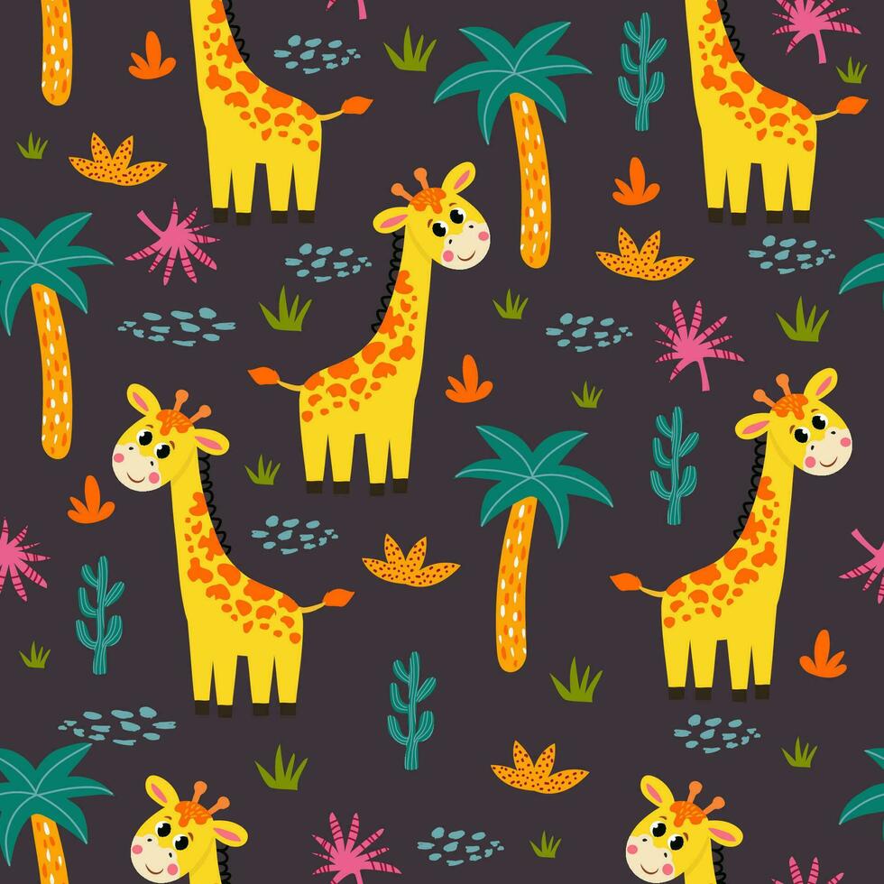 sin costura modelo con africano jirafa y plantas en un infantil dibujos animados estilo. vector ilustración. para para niños textiles y decoración