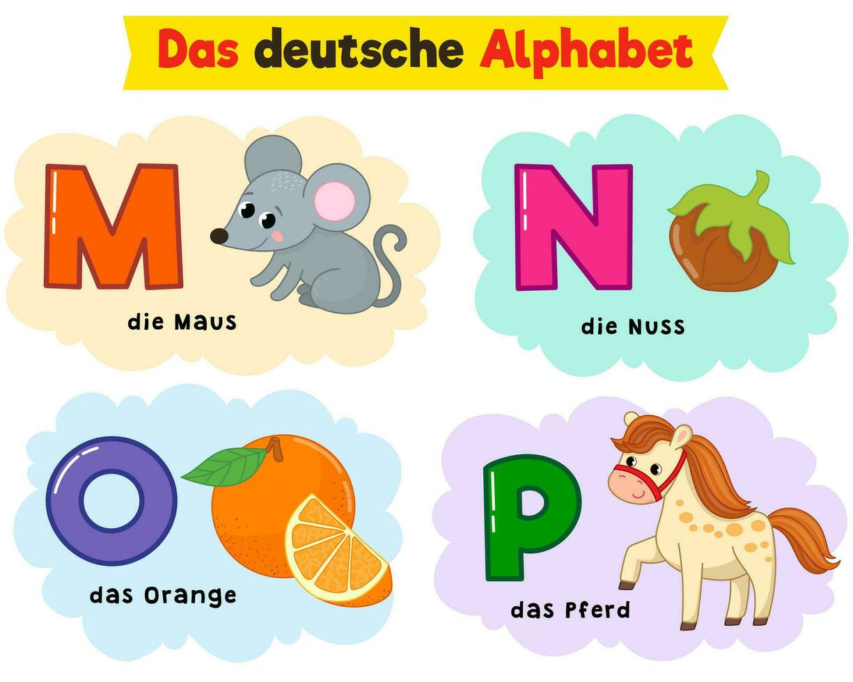 alemán alfabeto. escrito en alemán ratón, tuerca, caballo, naranja vector