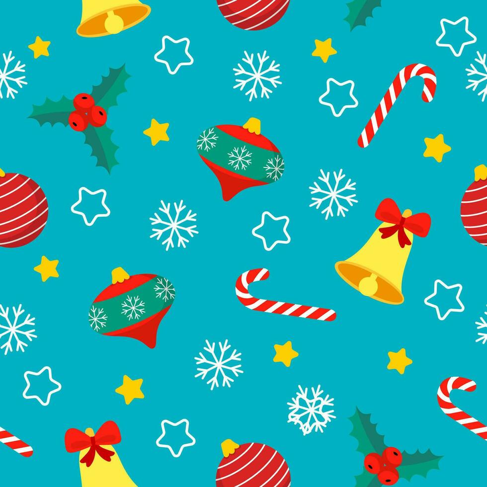 seamless christmas pattern template in cartoon style with christmas candies, gifts, holly leaves and bells. for wrapping paper, textile, themed decor vector